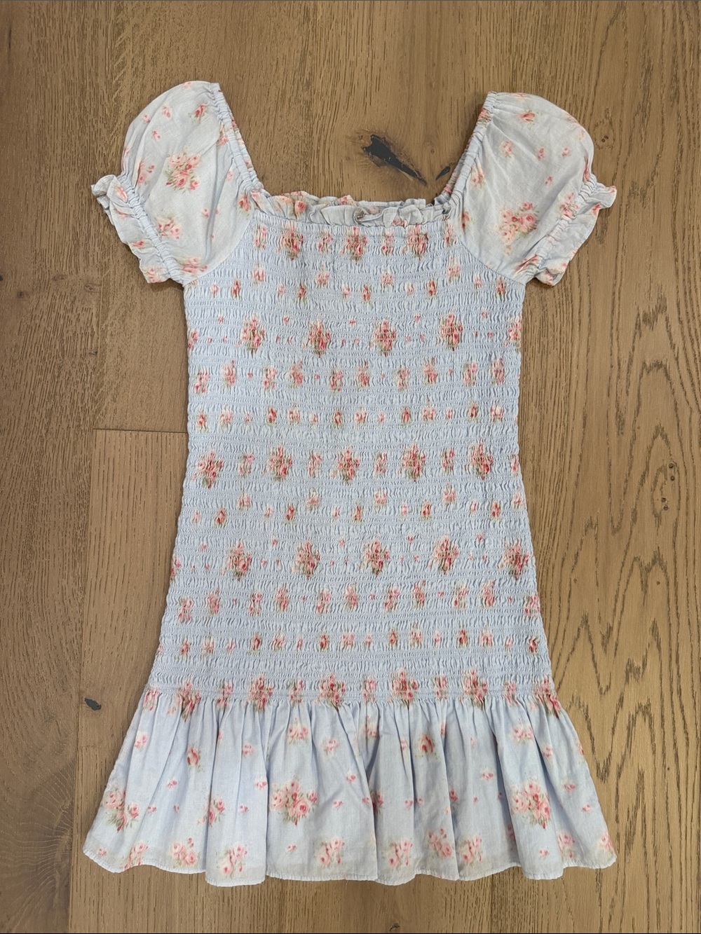 LoveShackFancy Light Blue Floral Smocked Dress with Pink Blossoms